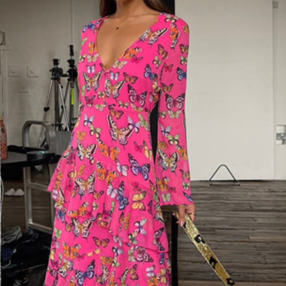 Never Fully Dressed Vibrant Pink Butterfly Long Sleeve Dress